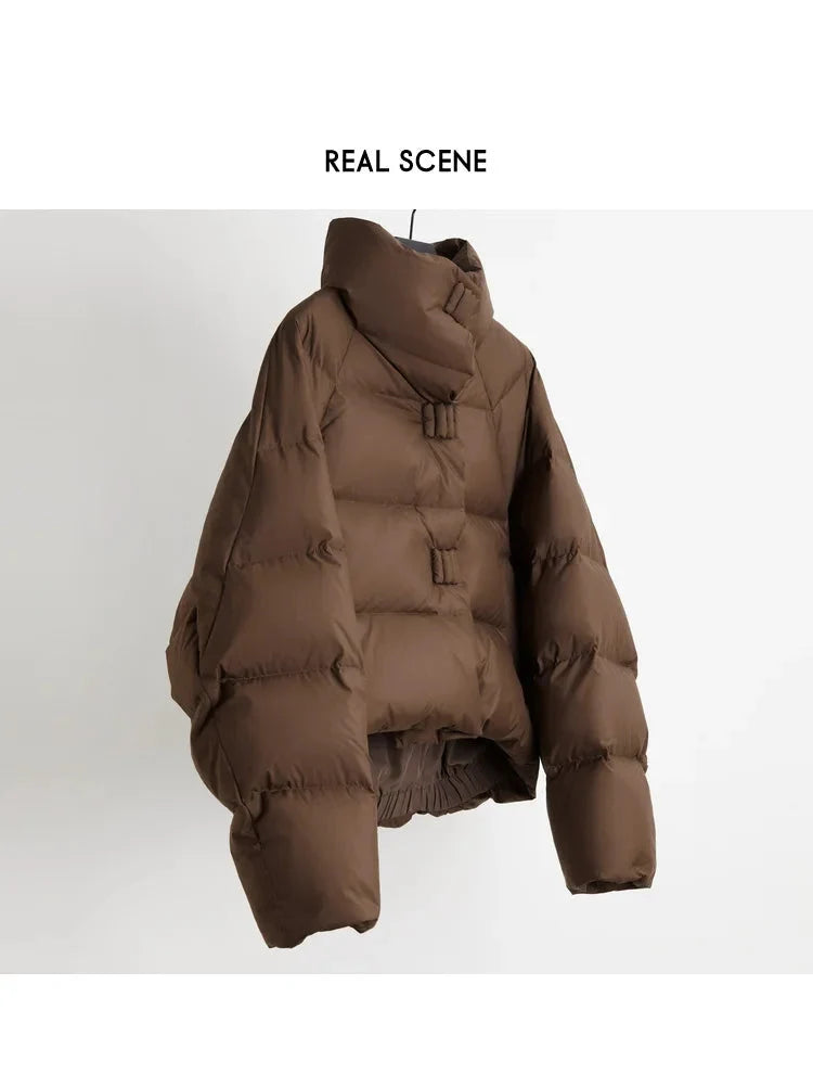 Women's Cropped Quilted Puffer Jacket with High Collar and Snap Buttons