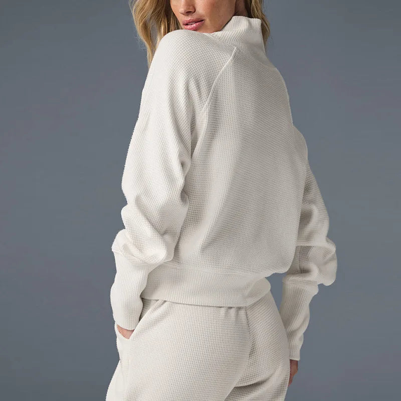 Women's Waffle Knit Sweatshirt and Jogger Pants Set with Funnel Neck