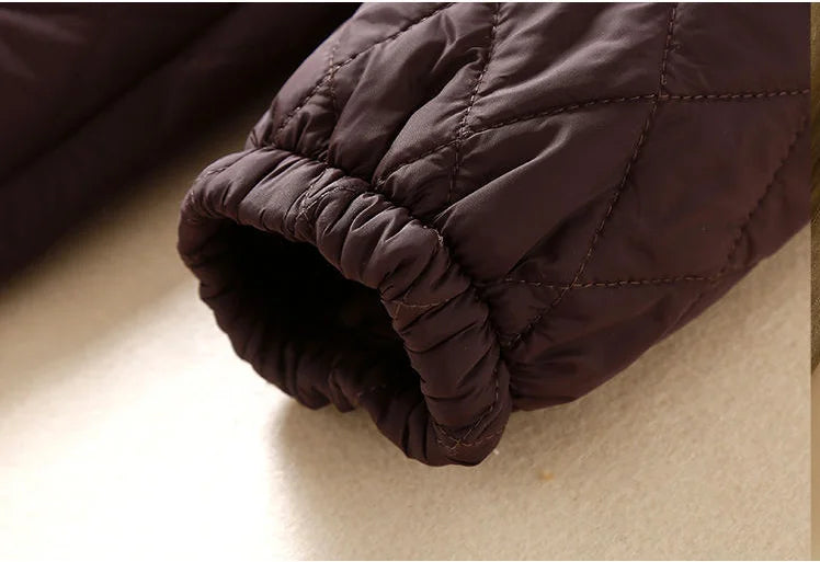 Women's Long Quilted Coat with Drawstring Waist and Button Front
