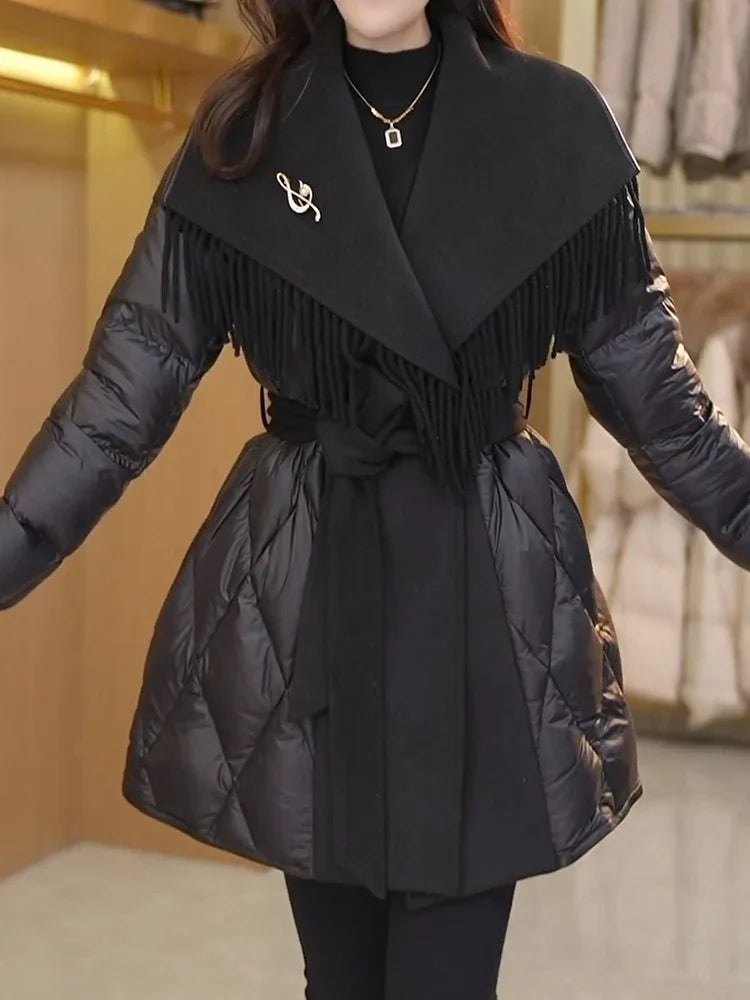 Women's Quilted Down Coat with Fringe Detail and Belted Waist