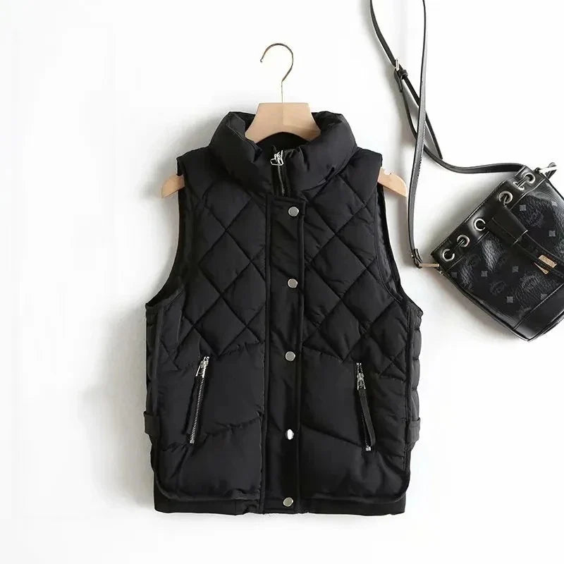 Women's Quilted Puffer Vest with Snap Button Front and Pockets