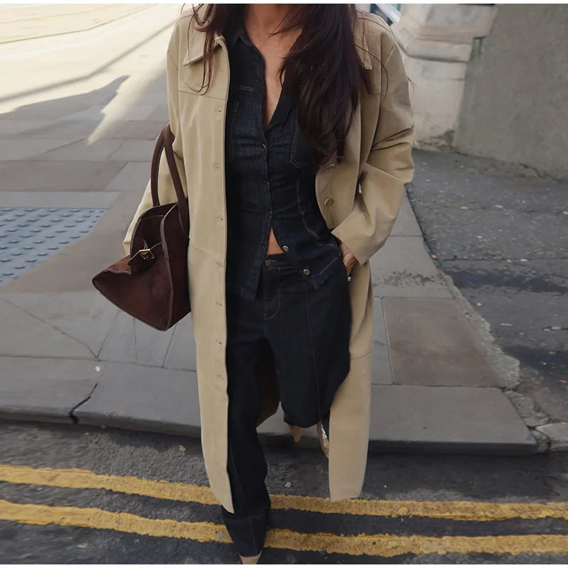 Women's Button Front Denim Shirt and Wide Leg Jeans Set