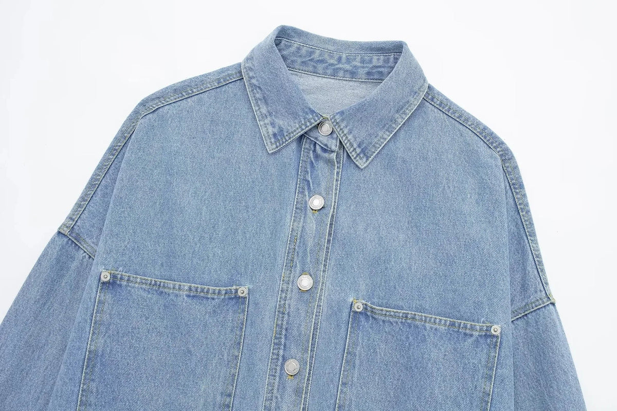 Women's Oversized Denim Shirt with Button Front and Chest Pockets