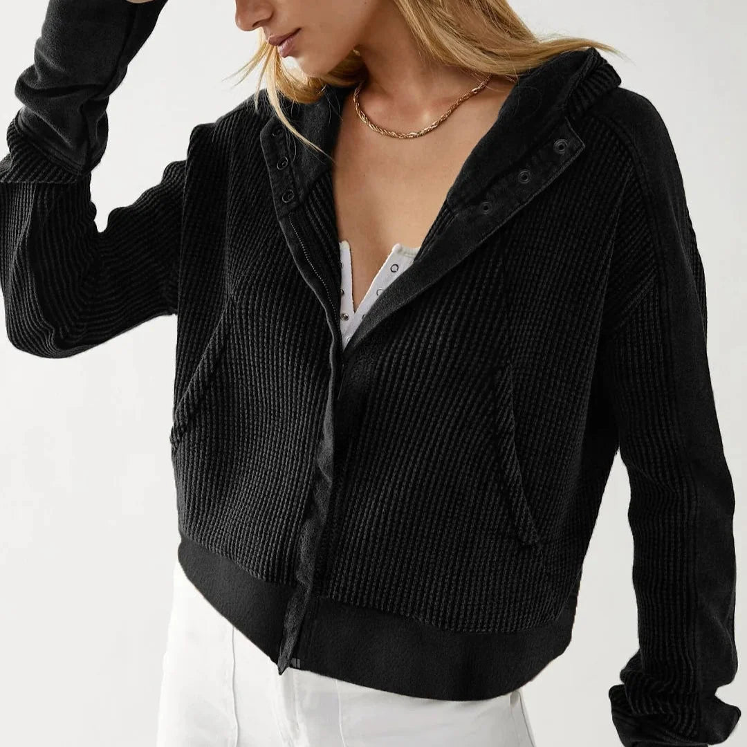 Women's Cropped Waffle Knit Hoodie with Full Zip and Button Collar