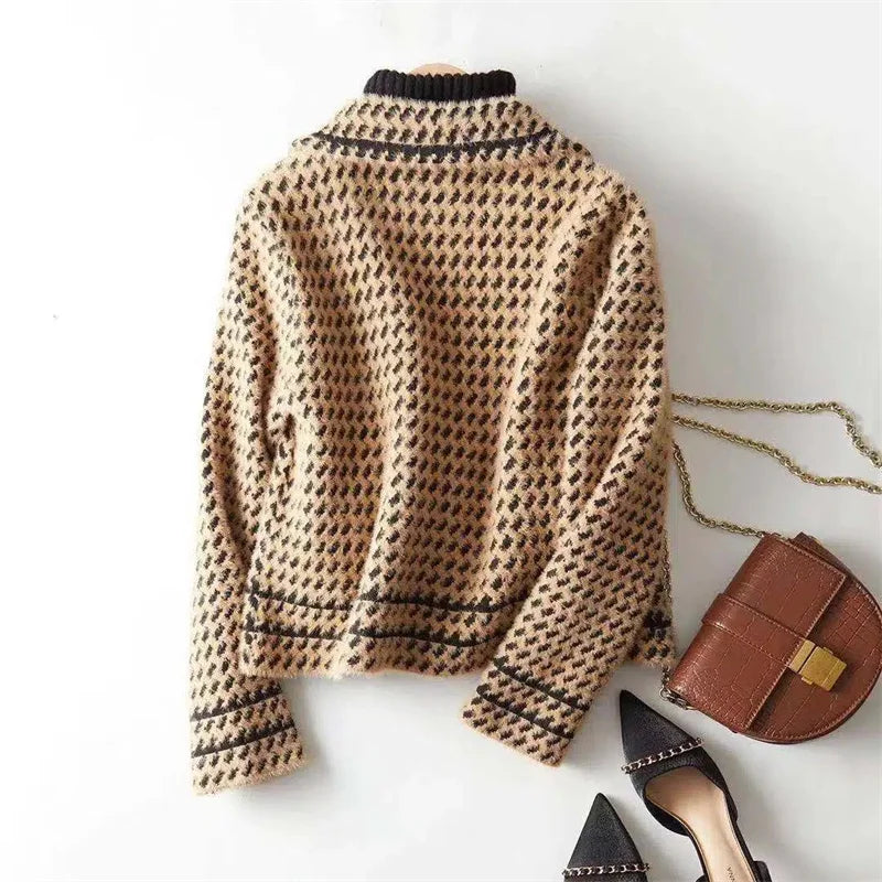 Women's Houndstooth Knit Jacket with Double Breasted Button Front