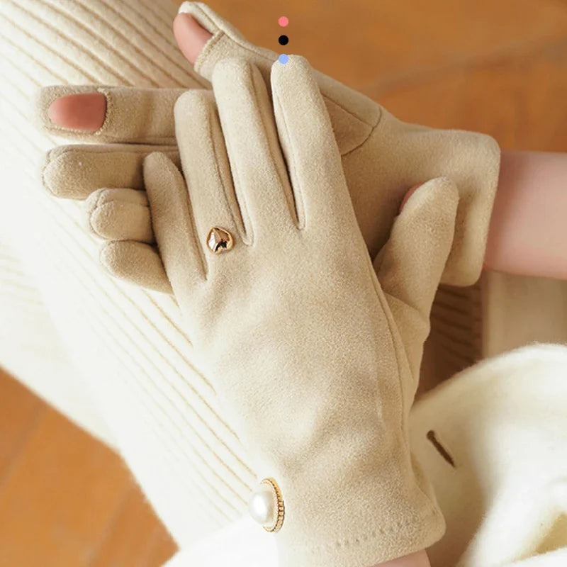Women's Suede Touchscreen Gloves with Pearl Embellishment