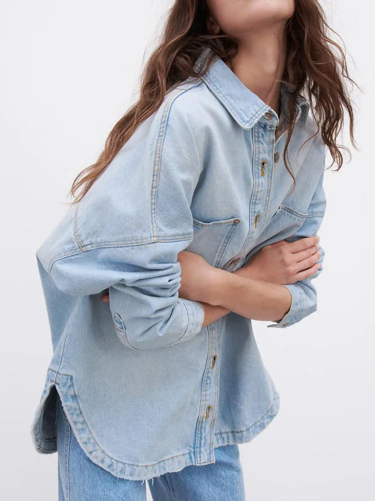 Women's Oversized Denim Shirt with Button Front and Chest Pockets