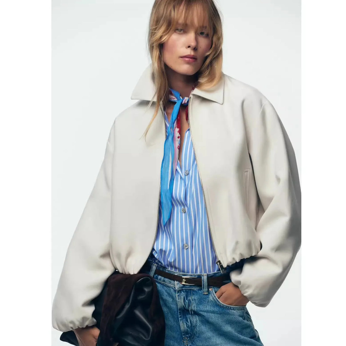 Women's Cropped Lightweight Puffer Jacket with Full Zip and Collar