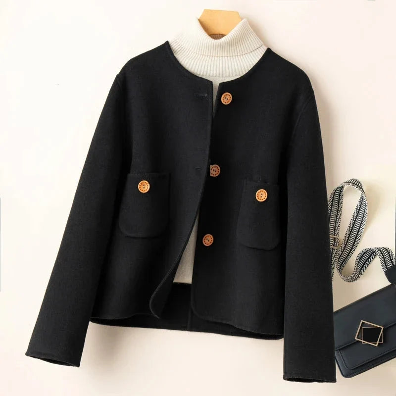 Women's Collarless Wool Jacket with Button Front and Front Pockets