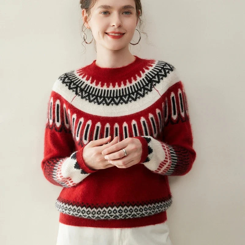 Women's Cashmere Fair Isle Sweater with Crew Neck and Long Sleeves