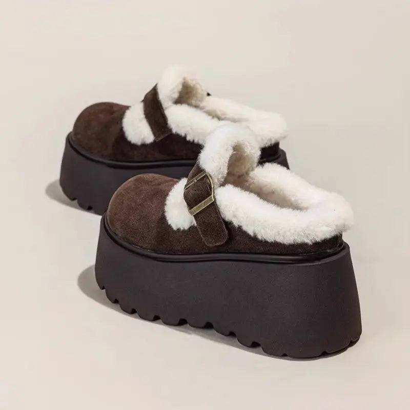 Women's Shearling Platform Clogs with Buckle Strap and Chunky Sole