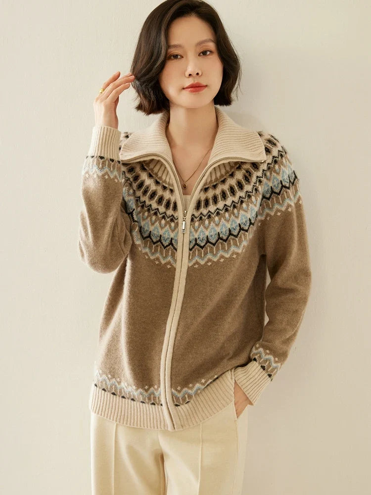 Women's Cashmere Zip Up Cardigan with Fair Isle Pattern and Ribbed Trim