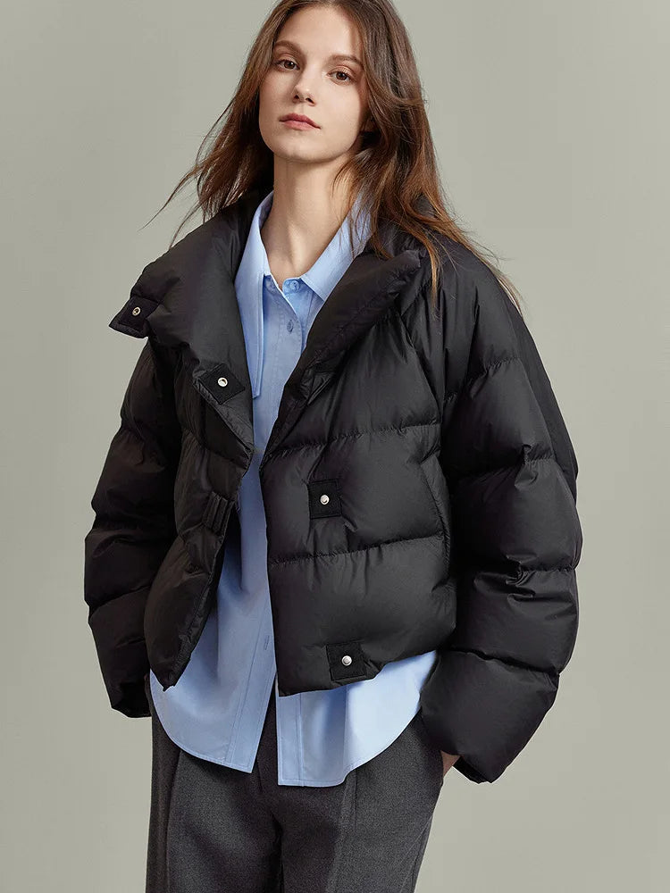 Women's Cropped Quilted Puffer Jacket with High Collar and Snap Buttons
