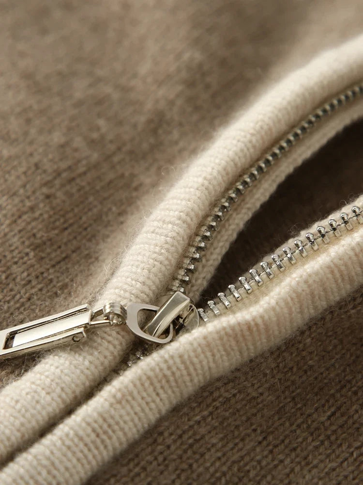 Women's Cashmere Zip Up Cardigan with Fair Isle Pattern and Ribbed Trim
