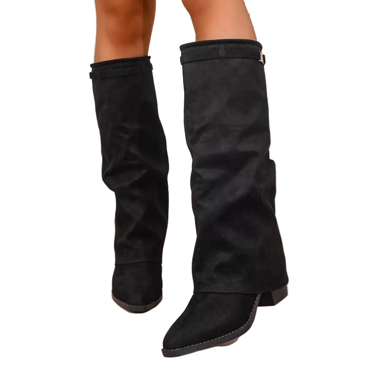 Women's Fold Over Knee High Boots with Pointed Toe and Block Heel