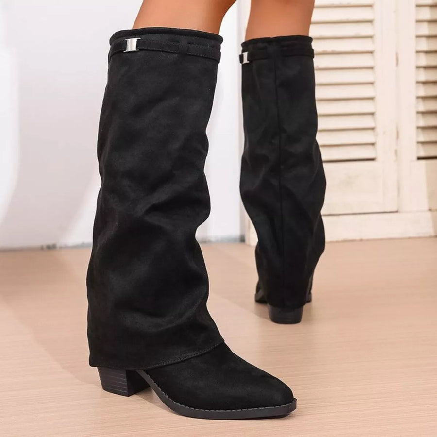 Women's Fold Over Knee High Boots with Pointed Toe and Block Heel