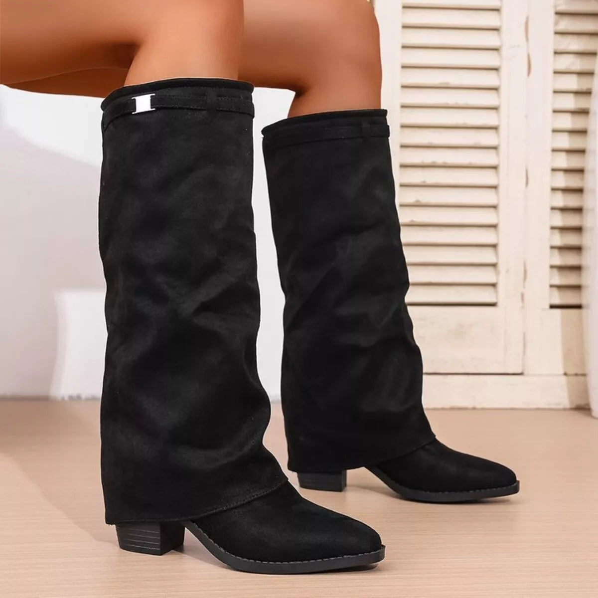 Women's Fold Over Knee High Boots with Pointed Toe and Block Heel