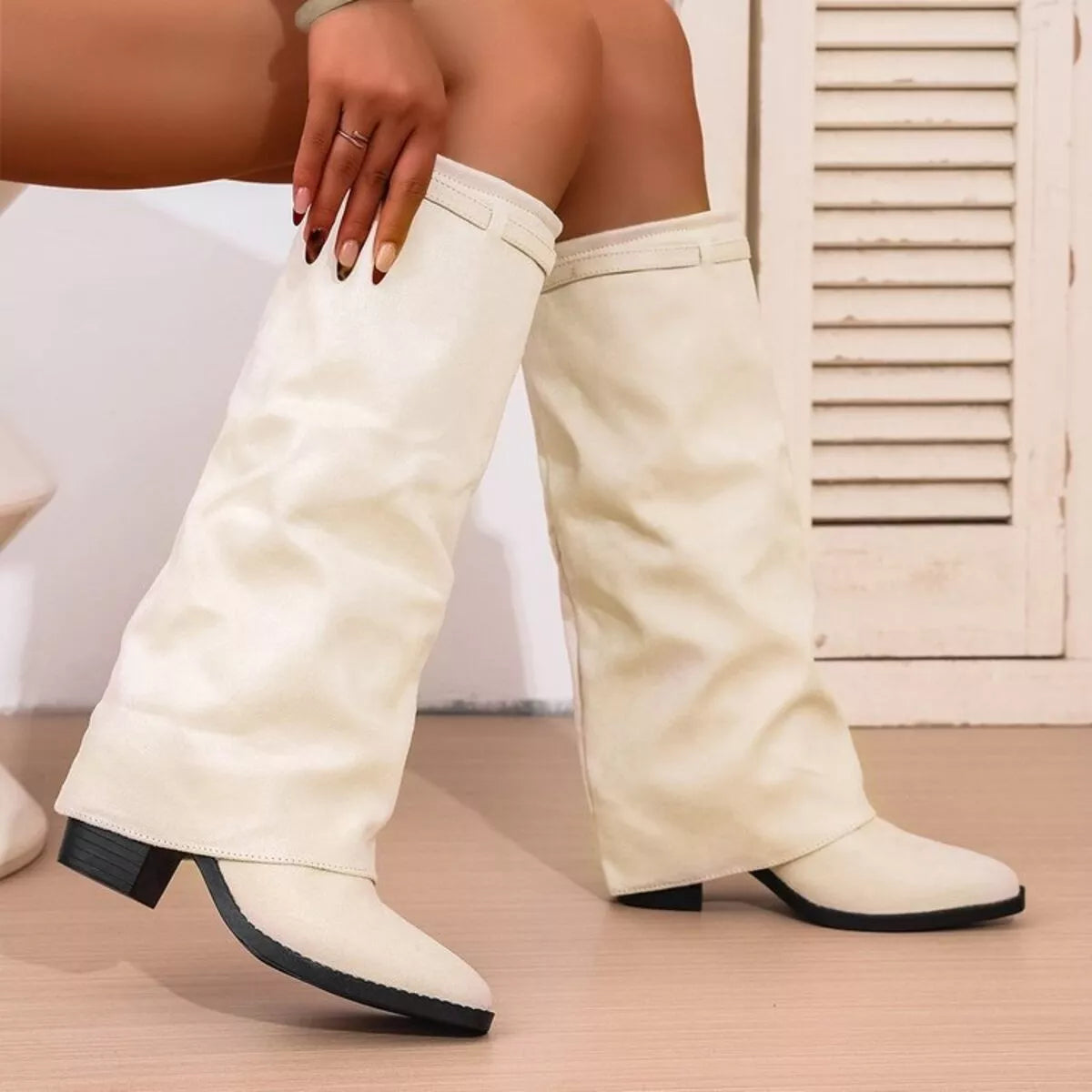 Women's Fold Over Knee High Boots with Pointed Toe and Block Heel