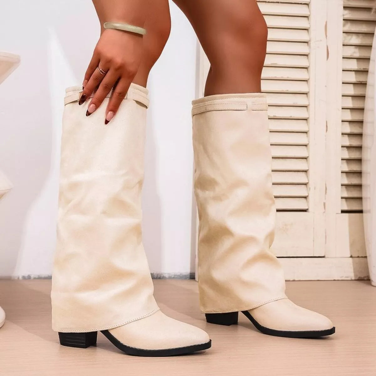 Women's Fold Over Knee High Boots with Pointed Toe and Block Heel