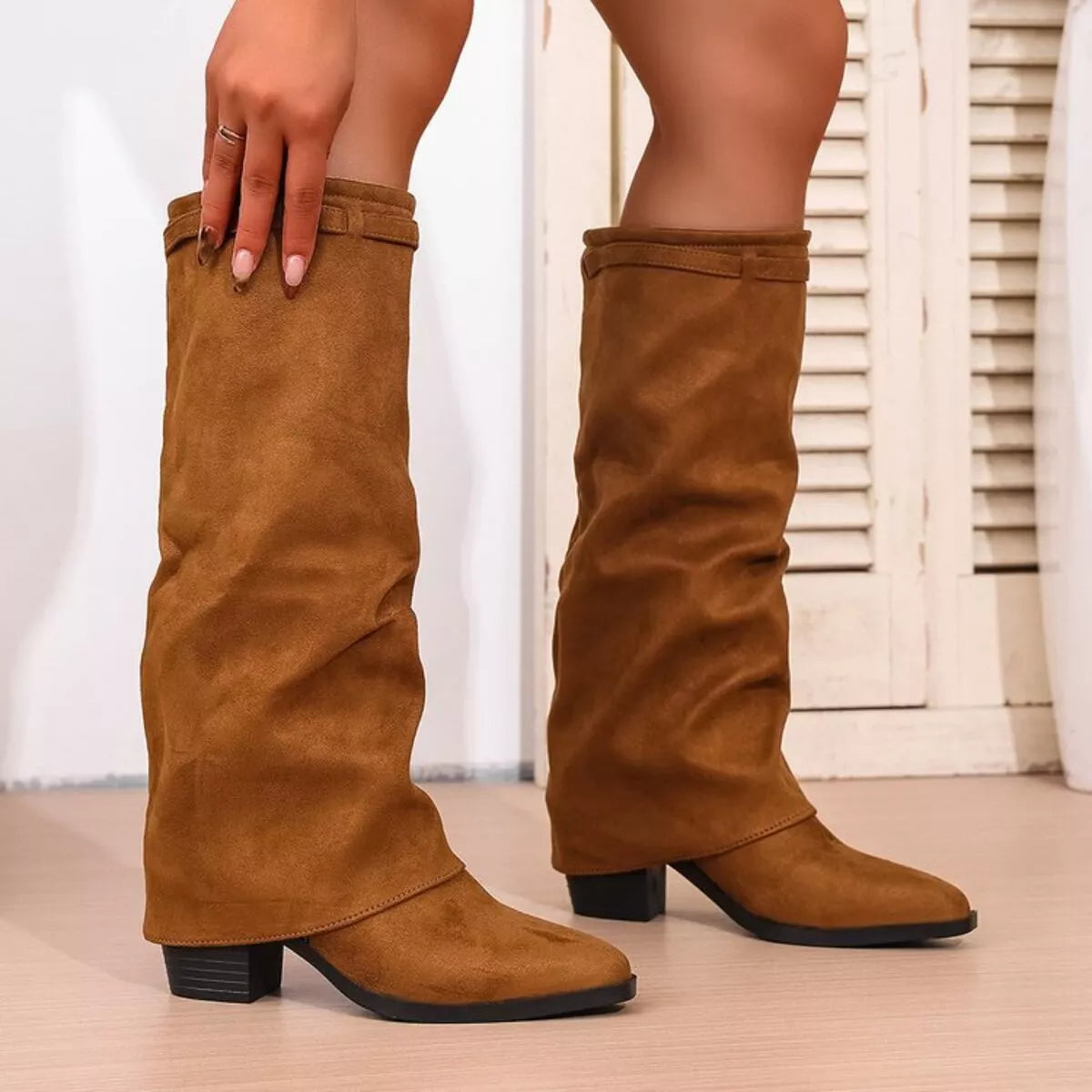 Women's Fold Over Knee High Boots with Pointed Toe and Block Heel