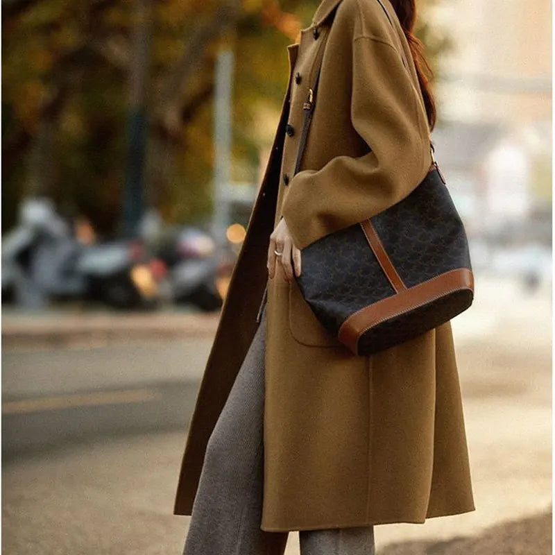 Women's Long Wool Blend Overcoat with Funnel Neck and Button Front