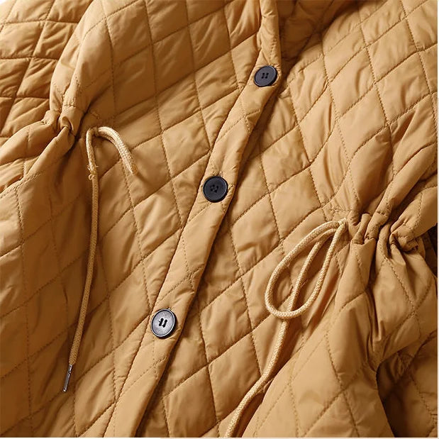 Women's Long Quilted Coat with Drawstring Waist and Button Front