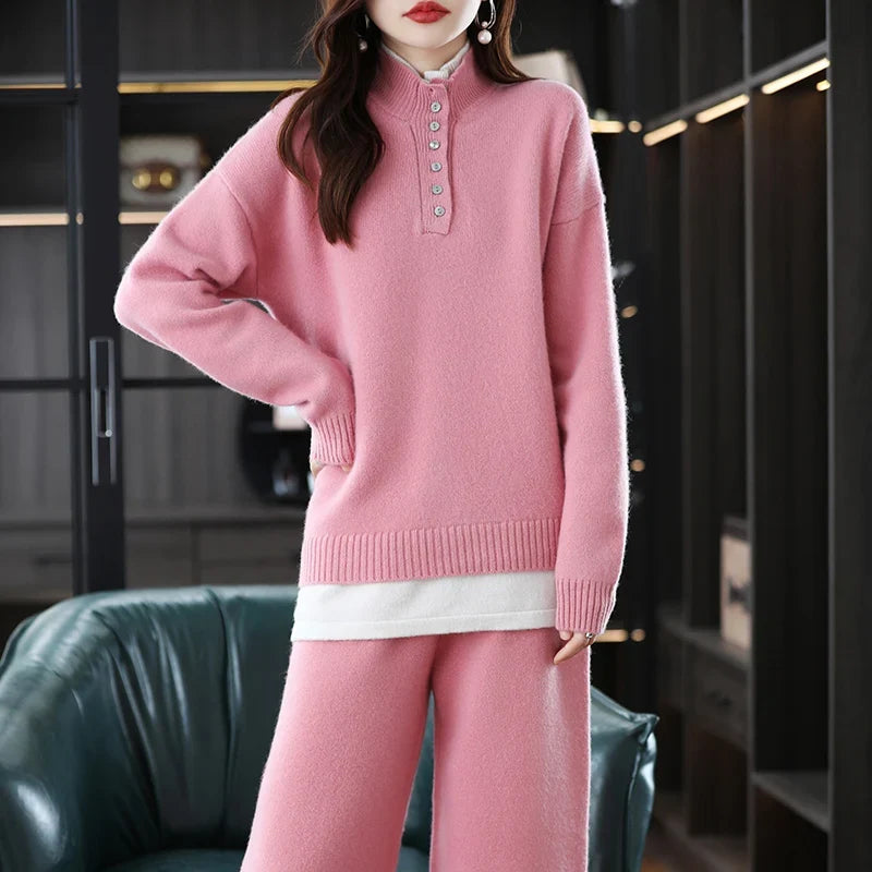 Women's Cashmere Polo Sweater and Pants Set with Button Neck
