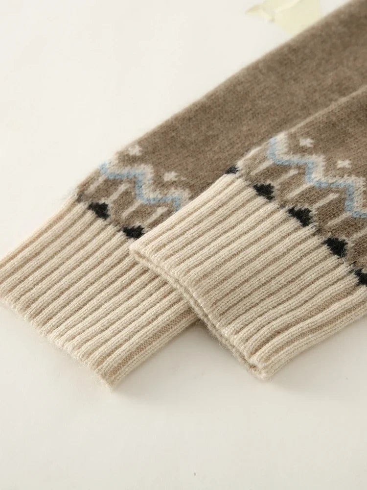 Women's Cashmere Zip Up Cardigan with Fair Isle Pattern and Ribbed Trim