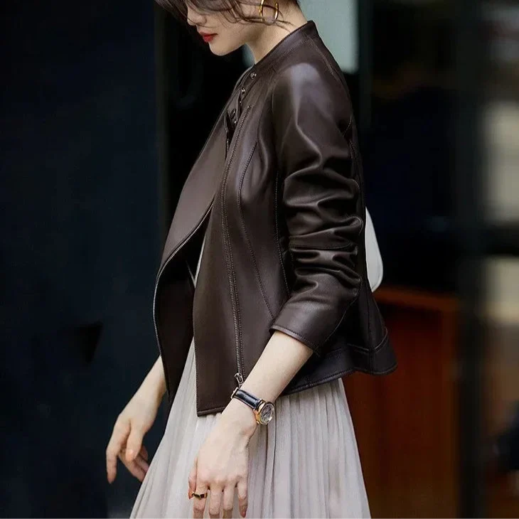 Women's Slim Fit Leather Jacket with Asymmetric Zip and Snap Collar