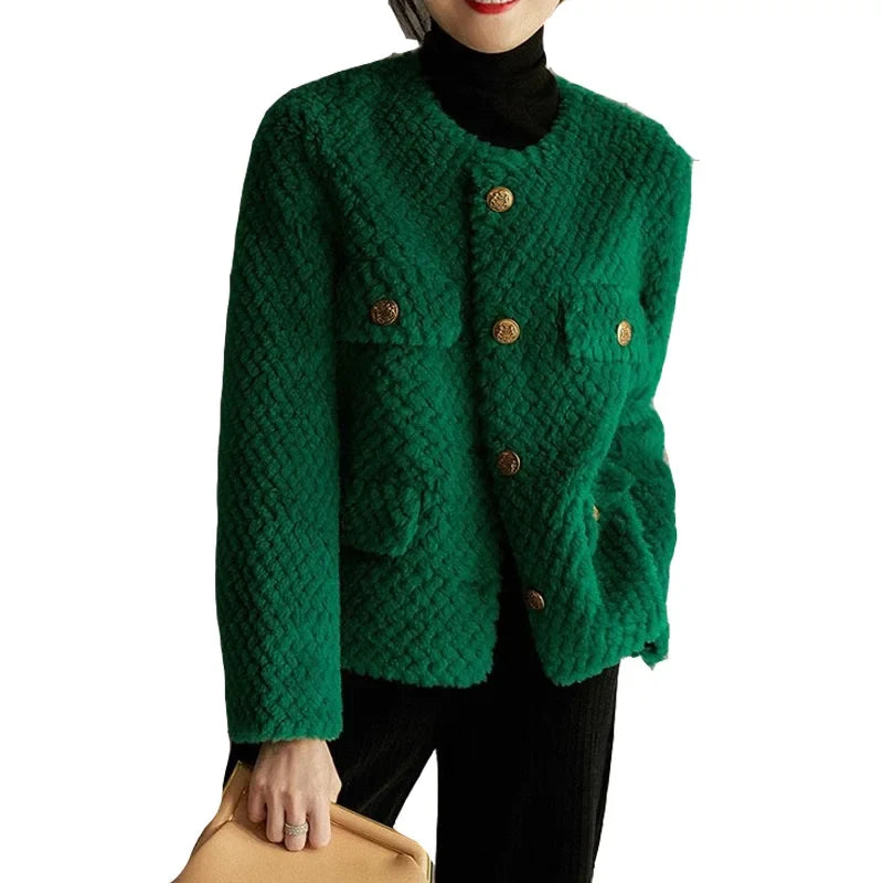 Women's Textured Boucle Jacket with Gold Button Front and Pockets