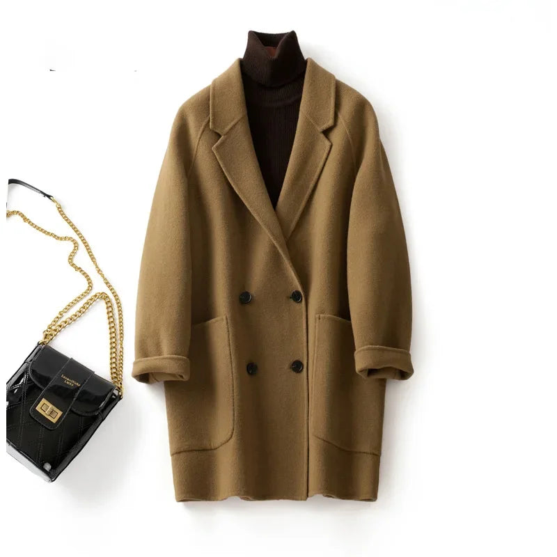 Women's Double Breasted Wool Blend Coat with Notch Lapel