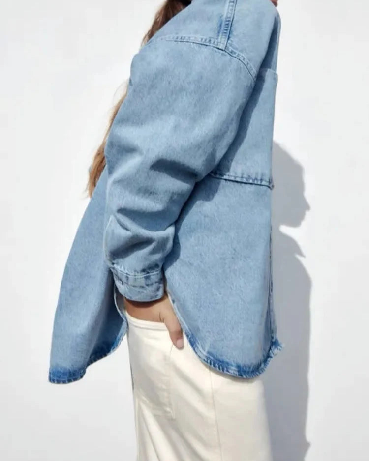 Women's Oversized Denim Shirt with Button Front and Chest Pockets