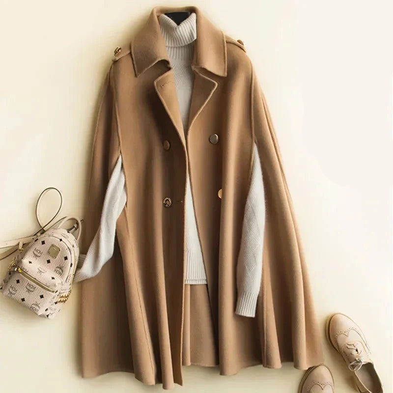 Women's Wool Blend Cape Coat with Button Front and Collar