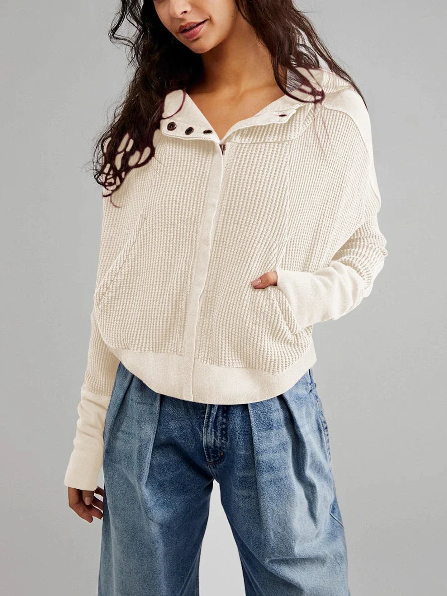 Women's Cropped Waffle Knit Hoodie with Full Zip and Button Collar