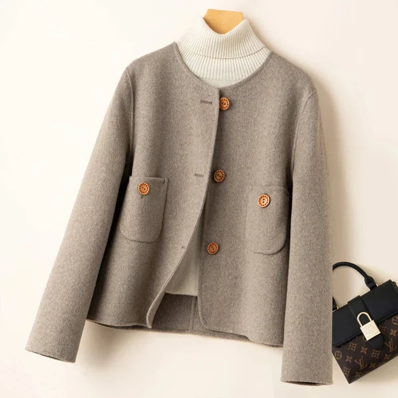 Women's Collarless Wool Jacket with Button Front and Front Pockets