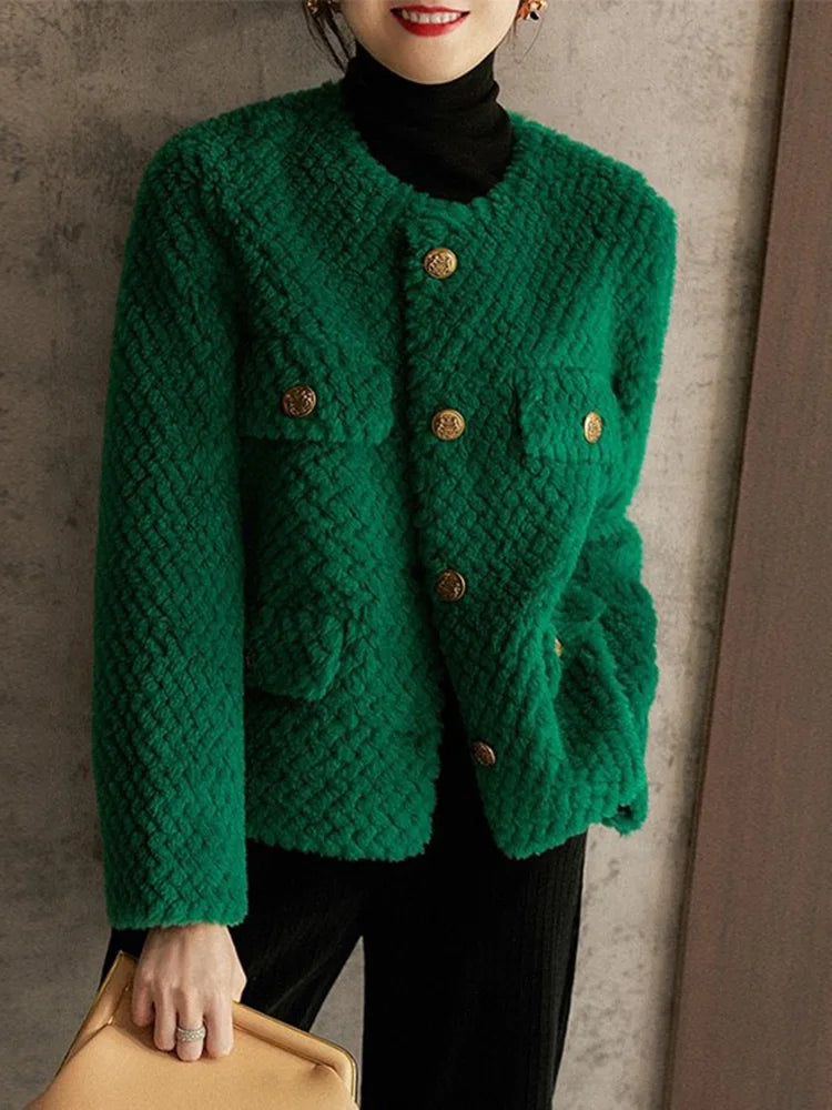 Women's Textured Boucle Jacket with Gold Button Front and Pockets