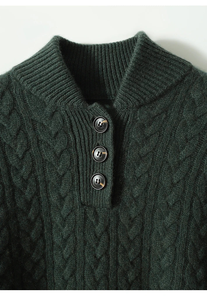 Men's Cashmere Cable Knit Sweater with Button Neck and Long Sleeves