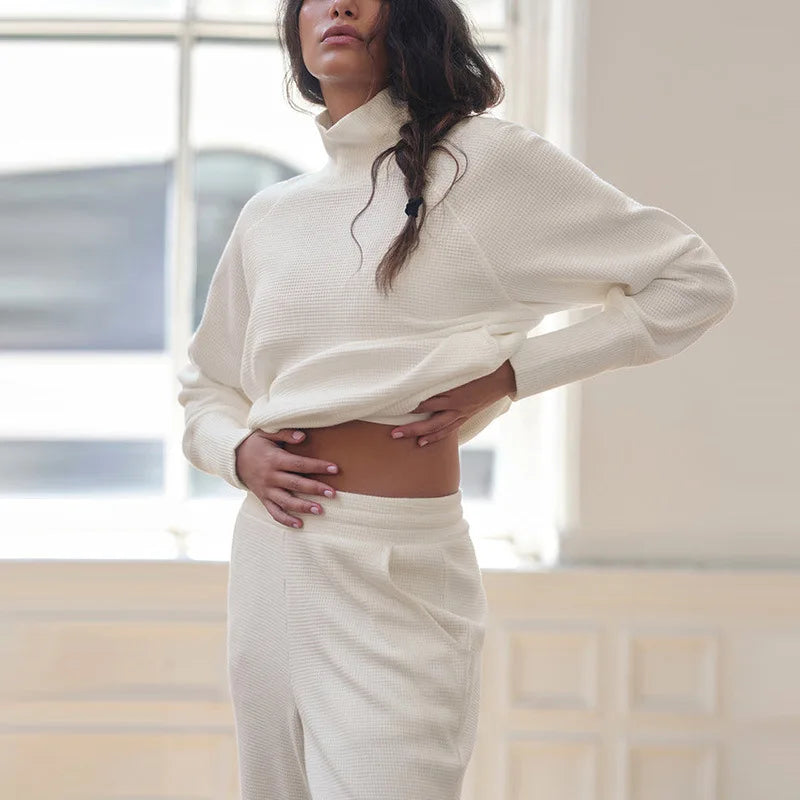 Women's Waffle Knit Sweatshirt and Jogger Pants Set with Funnel Neck