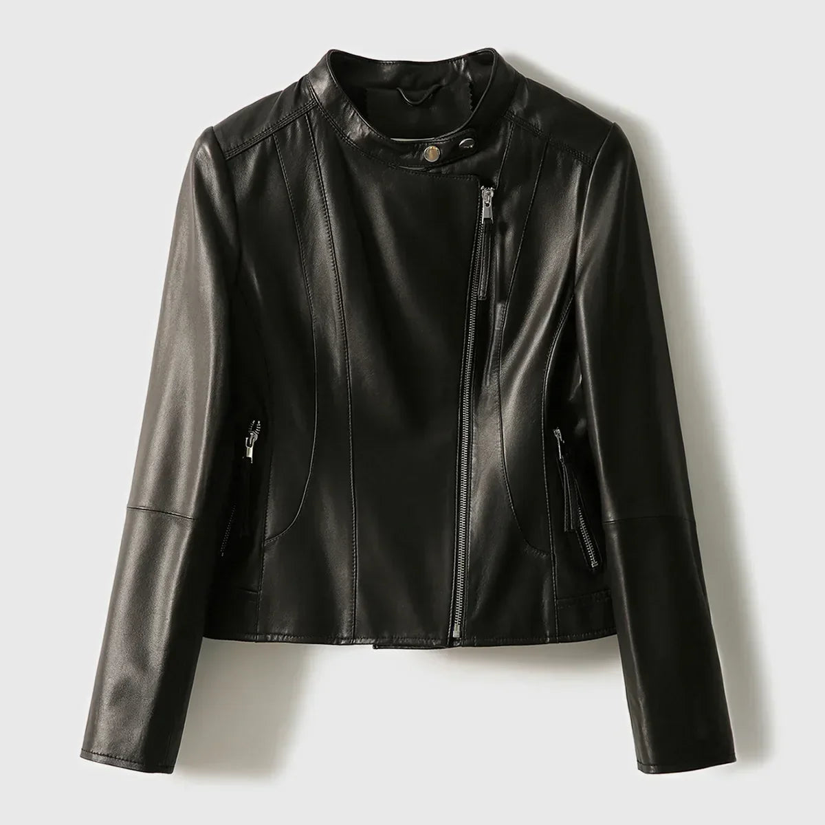 Women's Slim Fit Leather Jacket with Asymmetric Zip and Snap Collar