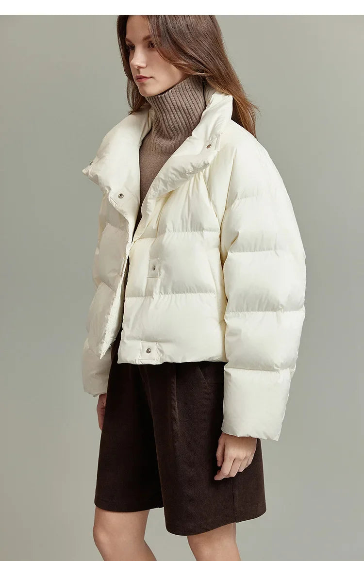 Women's Cropped Quilted Puffer Jacket with High Collar and Snap Buttons