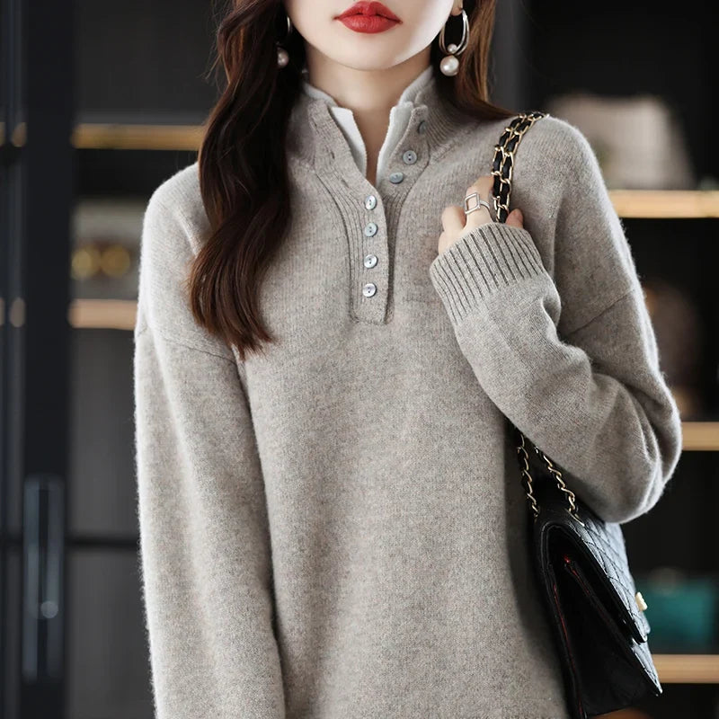Women's Cashmere Polo Sweater and Pants Set with Button Neck