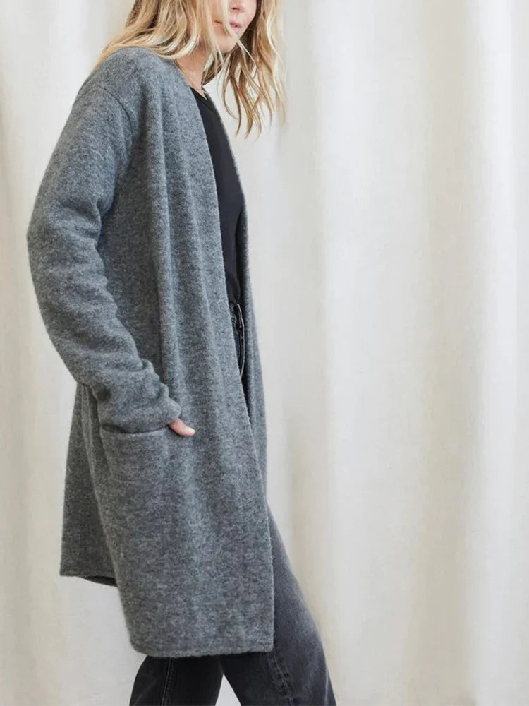 Women's Open Front Knit Cardigan with Pockets and Long Sleeves