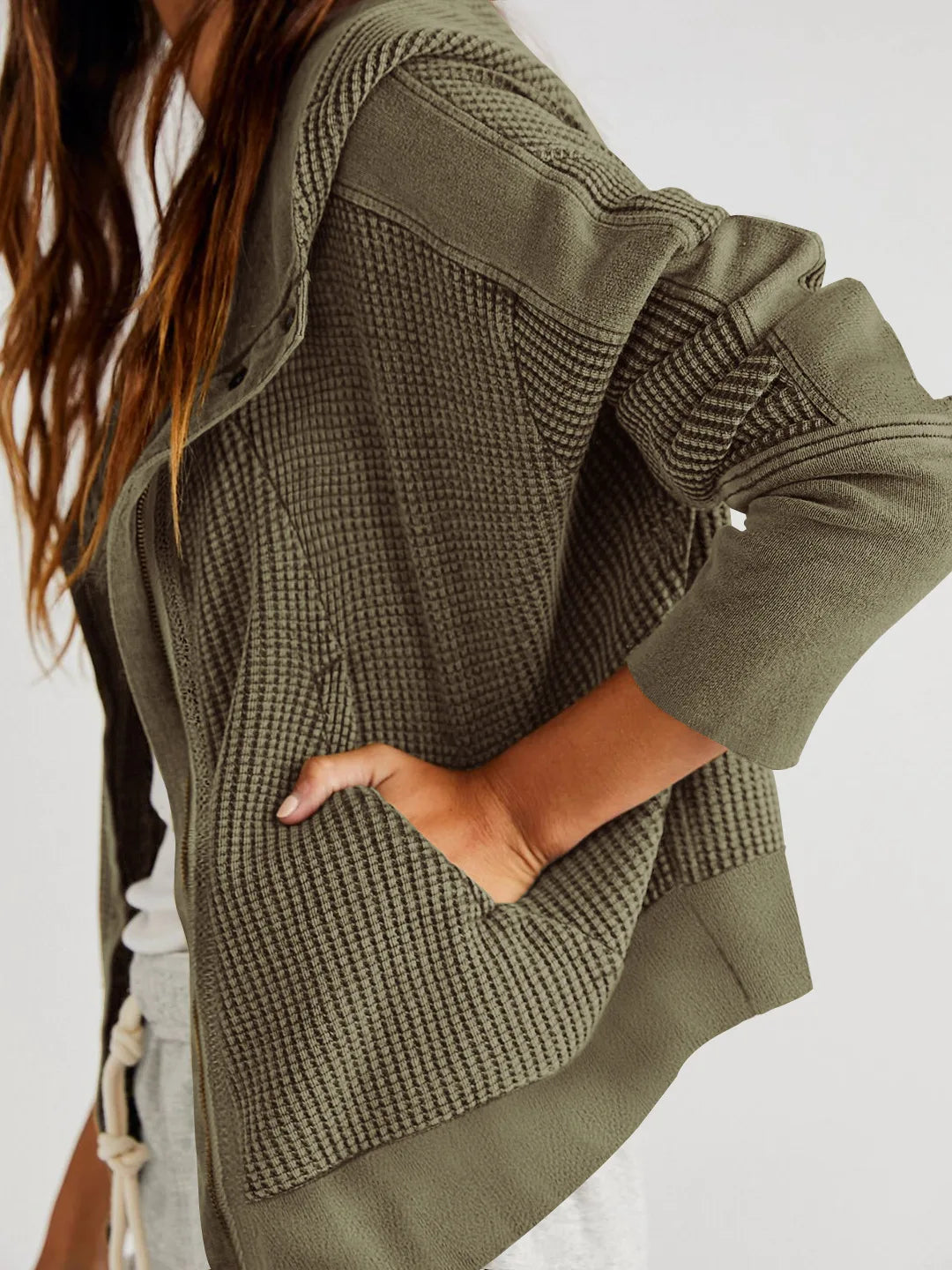 Women's Cropped Waffle Knit Hoodie with Full Zip and Button Collar