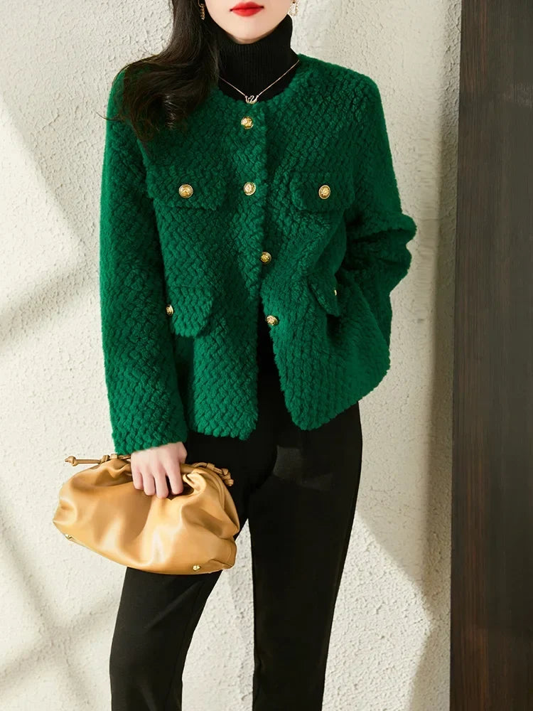 Women's Textured Boucle Jacket with Gold Button Front and Pockets