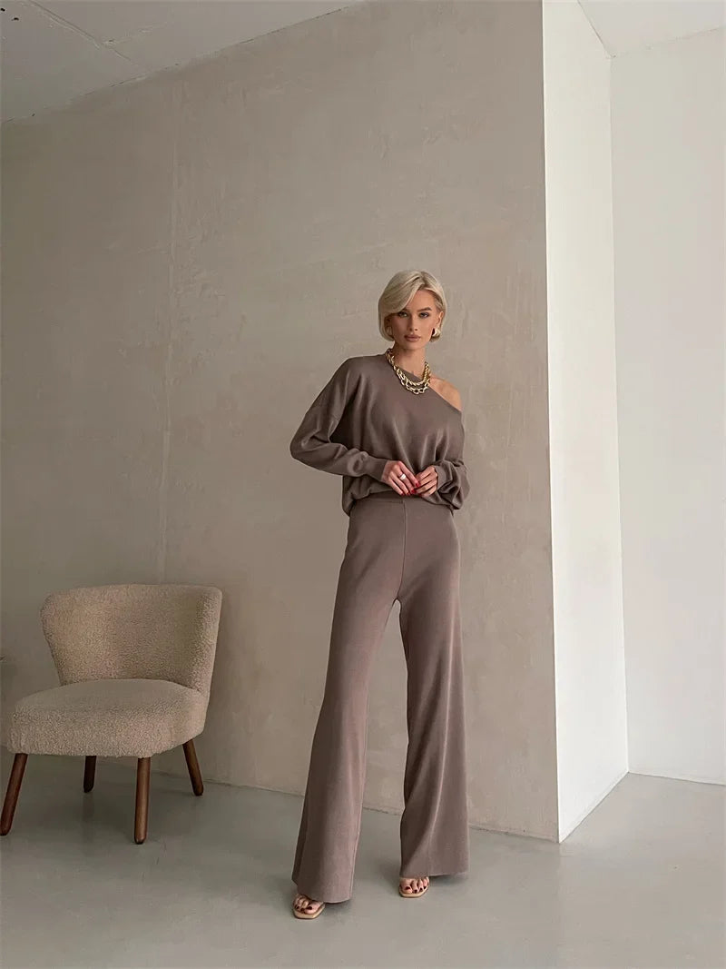 Women's Off Shoulder Knit Sweater and Pants Set with Wide Neck