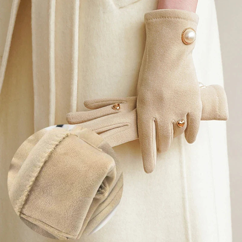 Women's Suede Touchscreen Gloves with Pearl Embellishment
