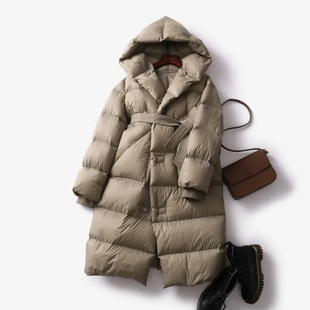 Women's Long Belted Down Puffer Coat with Hood and Zip Front