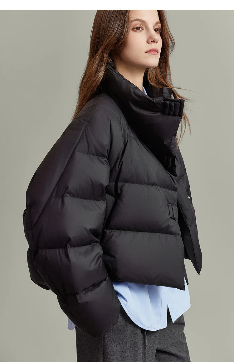 Women's Cropped Quilted Puffer Jacket with High Collar and Snap Buttons