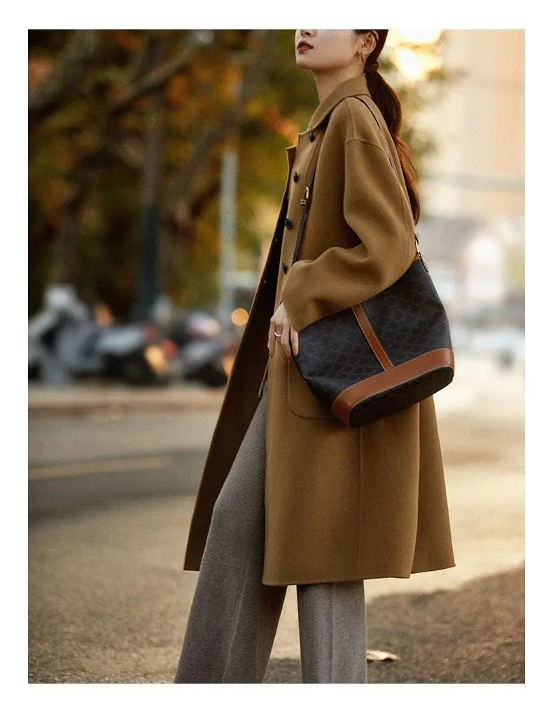 Women's Long Wool Blend Overcoat with Funnel Neck and Button Front