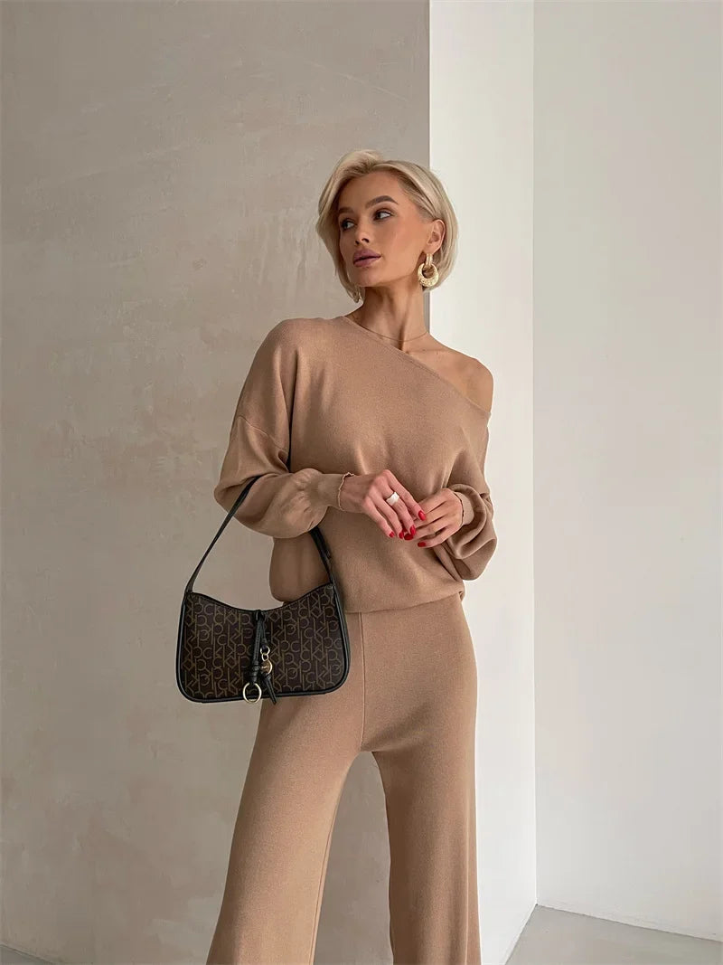 Women's Off Shoulder Knit Sweater and Pants Set with Wide Neck